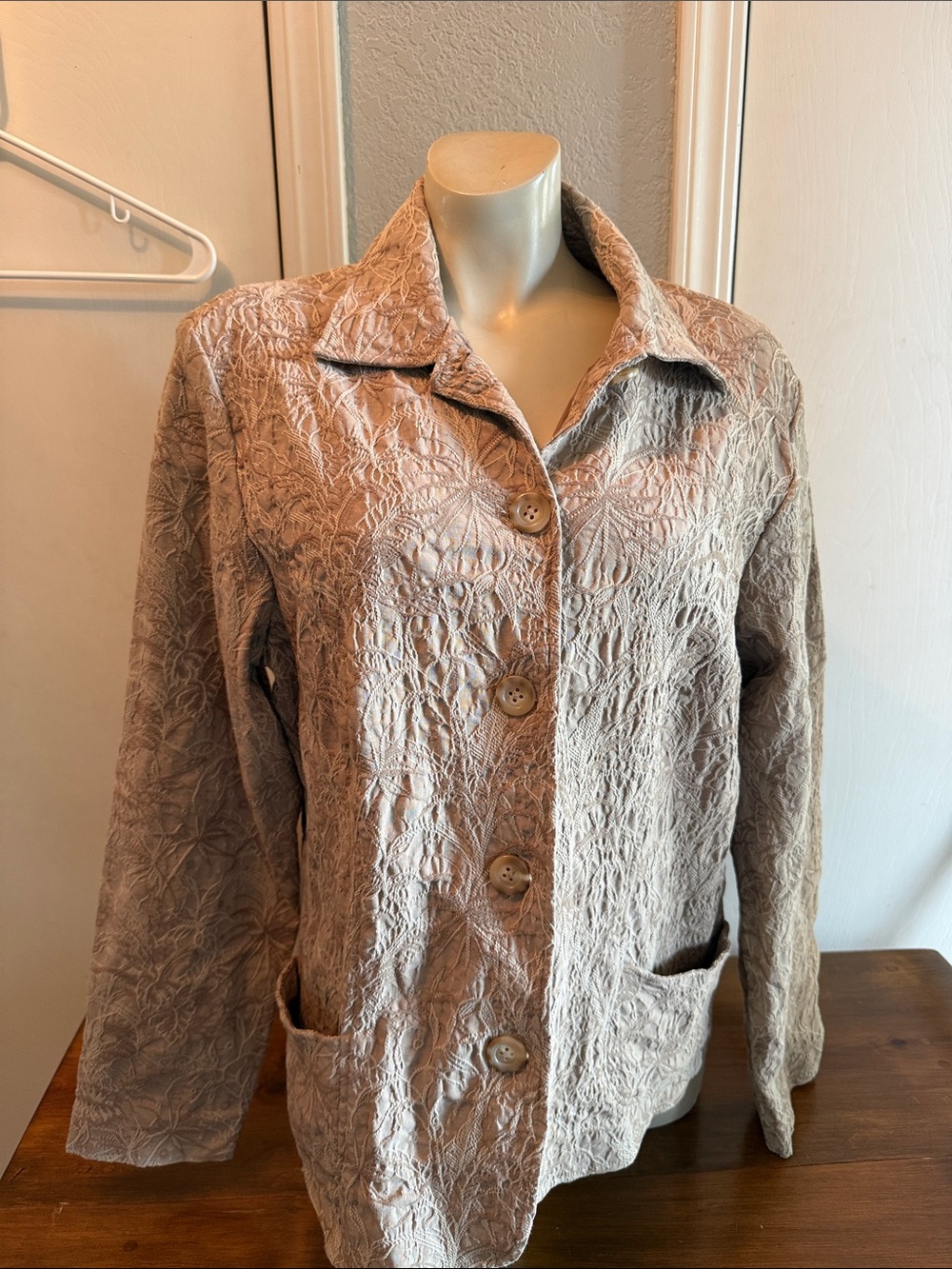 Coldwater Creek Embossed Button-Front Blazer in Taupe